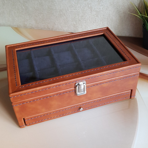 Шкатулка на 10 часов с ящичком. Кожа. Замша