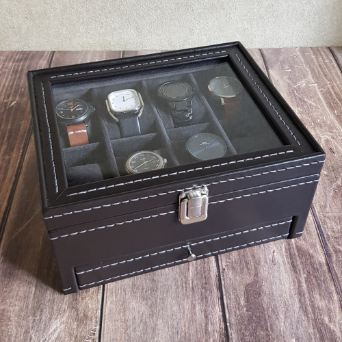 Шкатулка на 8 часов с отделением. Кожа. Замша